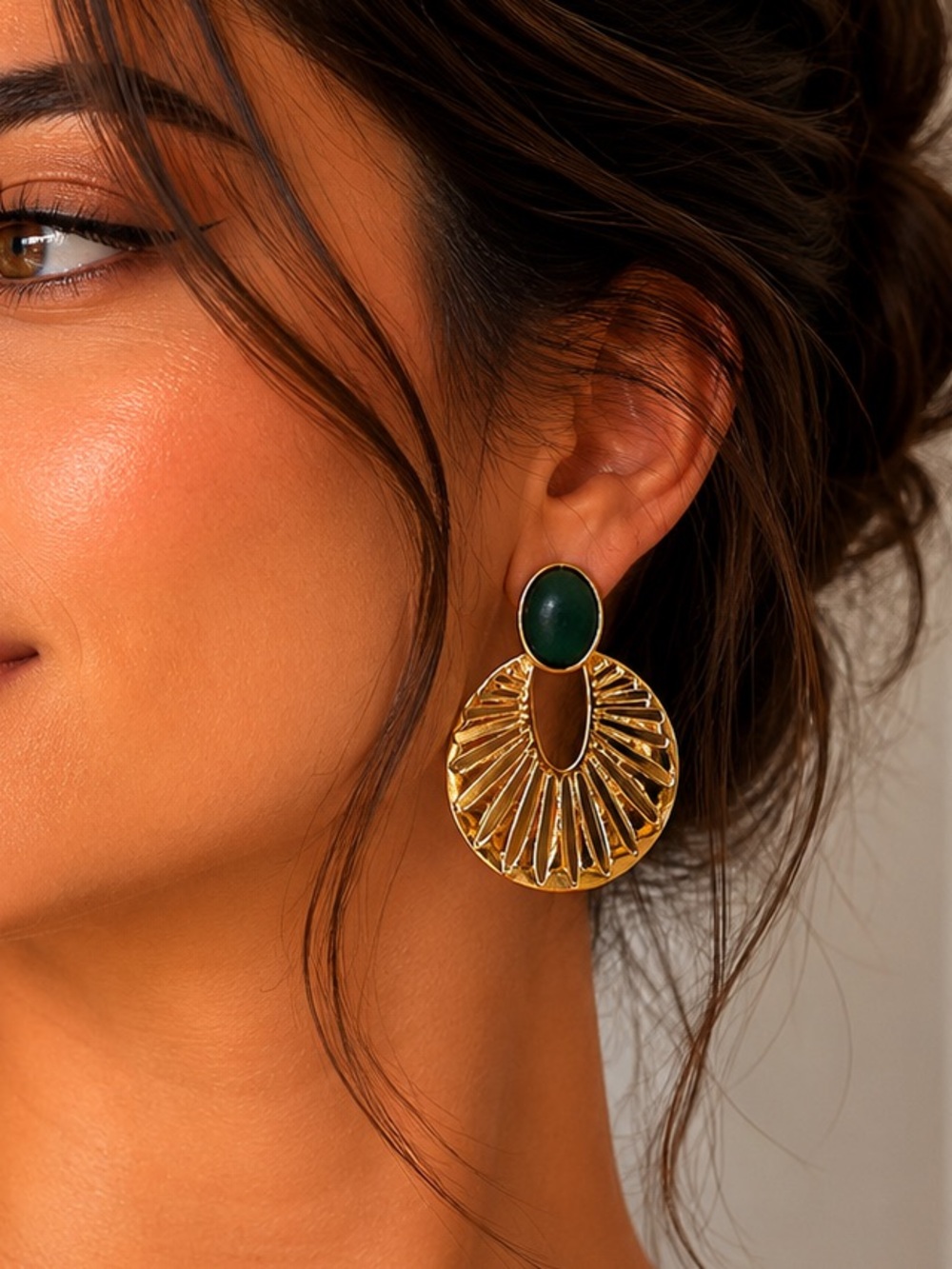 Gold Radiant Fan Drop Earrings with Green Stone